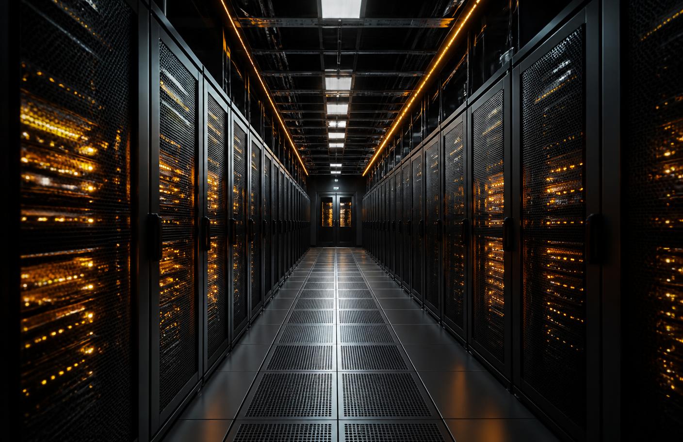 Corridor of dark server racks with amber indicator lights inside a data centre