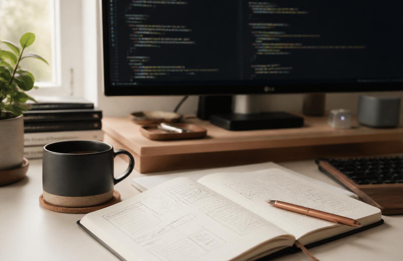 Notebook with interface wireframe sketches beside a keyboard and a monitor showing code