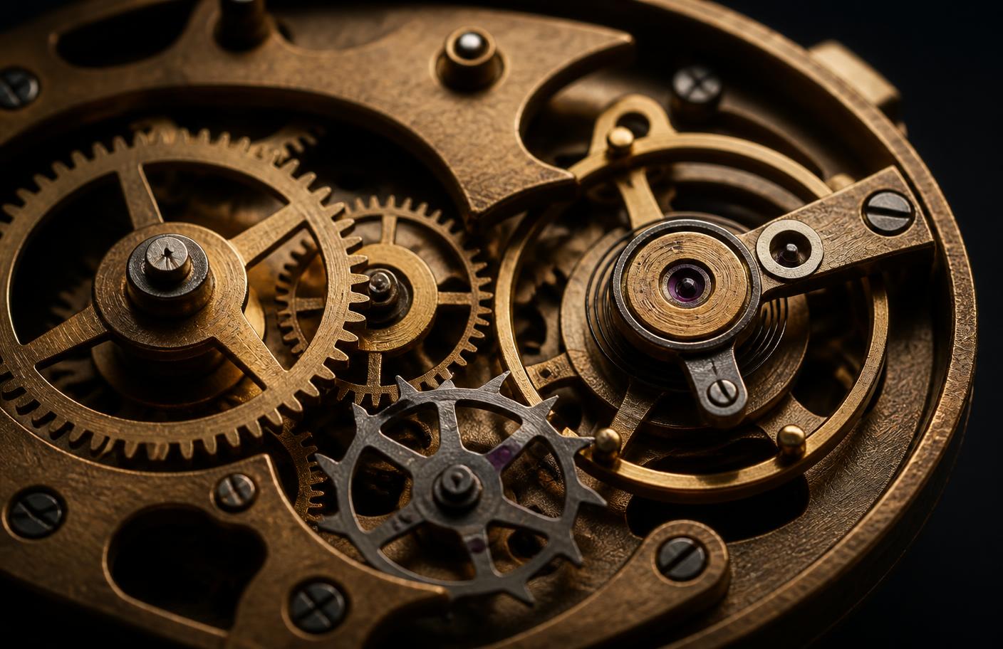 Close-up of brass clock gears and a balance wheel mechanism