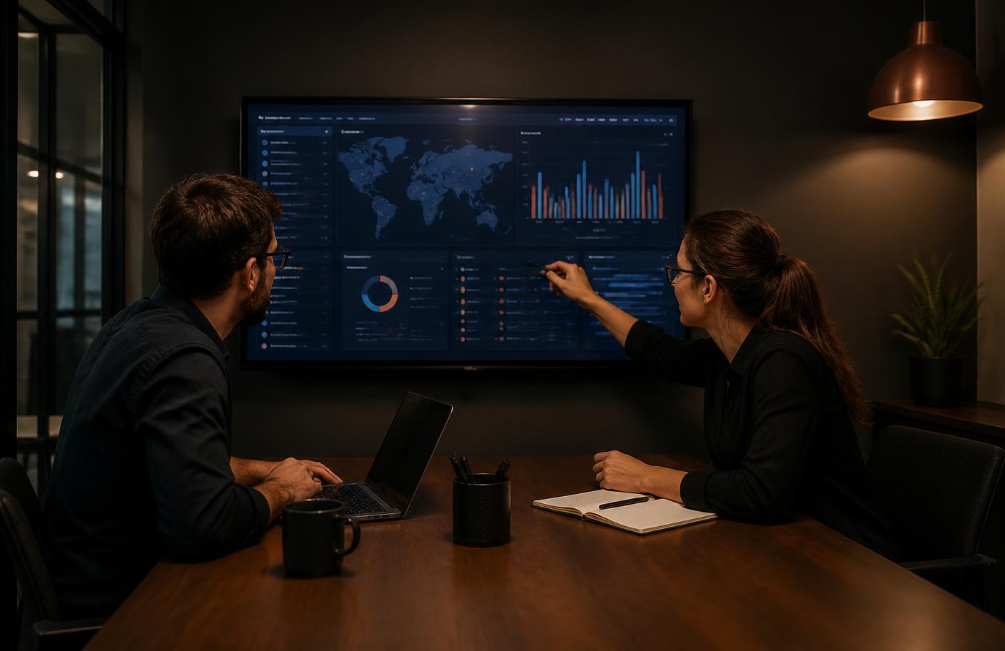 Two engineers reviewing a monitoring dashboard on a large screen in a dark room